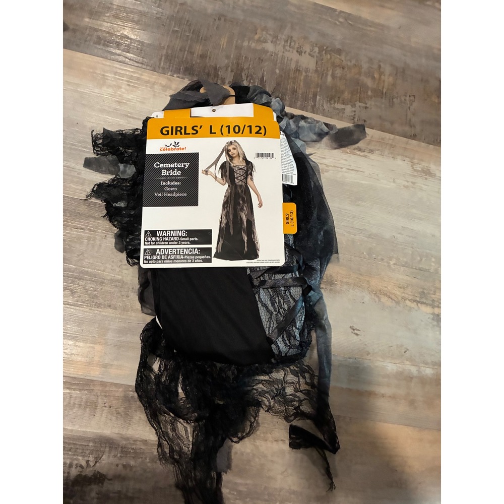 Way to Celebrate Girls Cemetery Bride Costume Gown Veil Set Large 10-12 Black